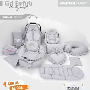 Babynest Komple Set Takım Gri Renk Fırfırlı (Tutmalı)