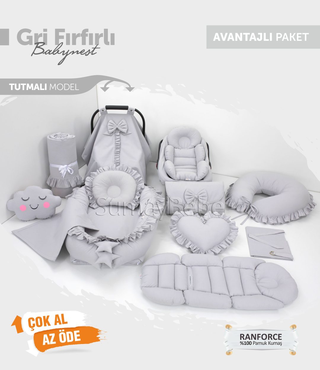 Babynest Komple Set Takım Gri Renk Fırfırlı (Tutmalı)