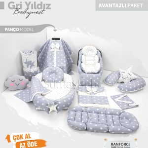 Babynest Komple Set Takım Gri Renk Yıldızlı (Panço)