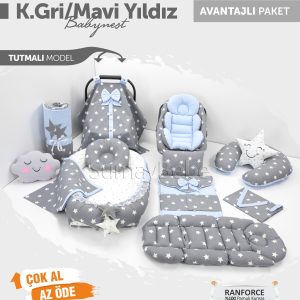 Babynest Komple Set Takım Koyu Gri Mavi Renk Yıldız Desenli (Tutmalı)
