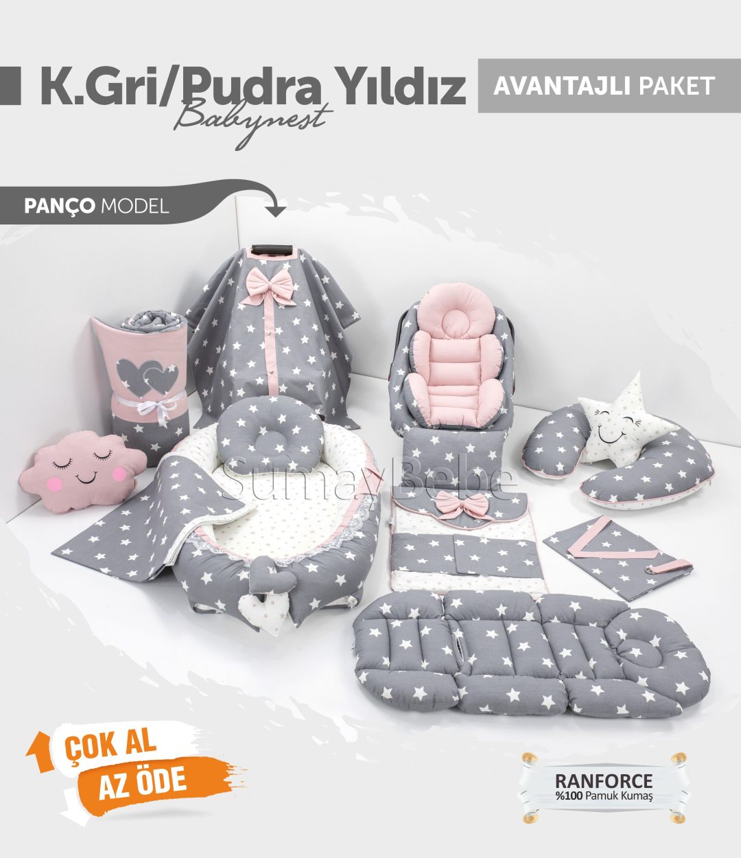 Babynest Komple Set Takım Koyu Gri Pudra Renk Yıldız Desenli (Panço)