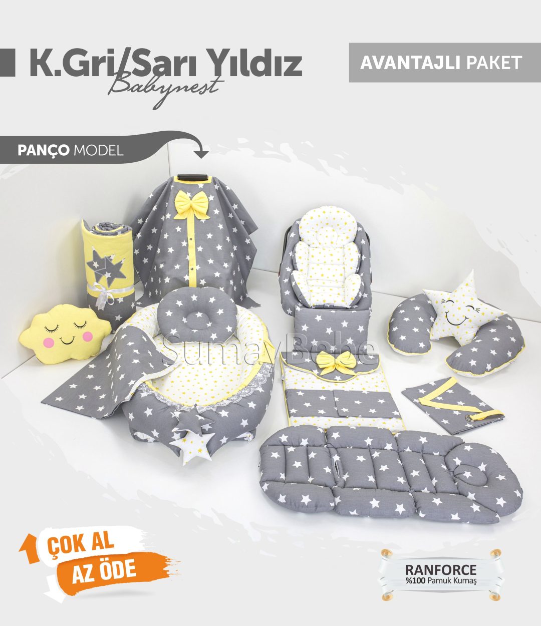 Babynest Komple Set Takım Koyu Gri Sarı Renk Yıldız Desenli (Tutmalı)