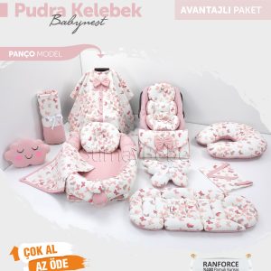 Babynest Komple Set Takım Pudra Renk Kelebek Desenli (Panço)