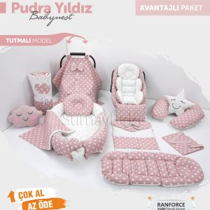 Babynest Komple Set Takım Pudra Renk Yıldız Desenli (Tutmalı)