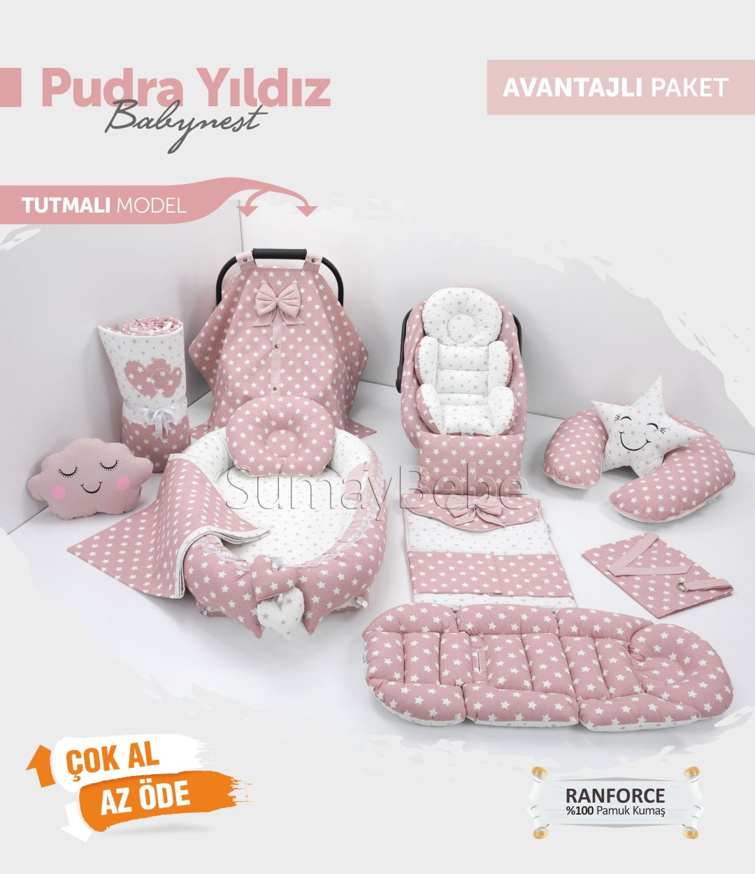 Babynest Komple Set Takım Pudra Renk Yıldız Desenli (Tutmalı)