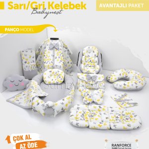 Babynest Komple Set Takım Sarı Gri Renk Kelebek Desenli (Panço)