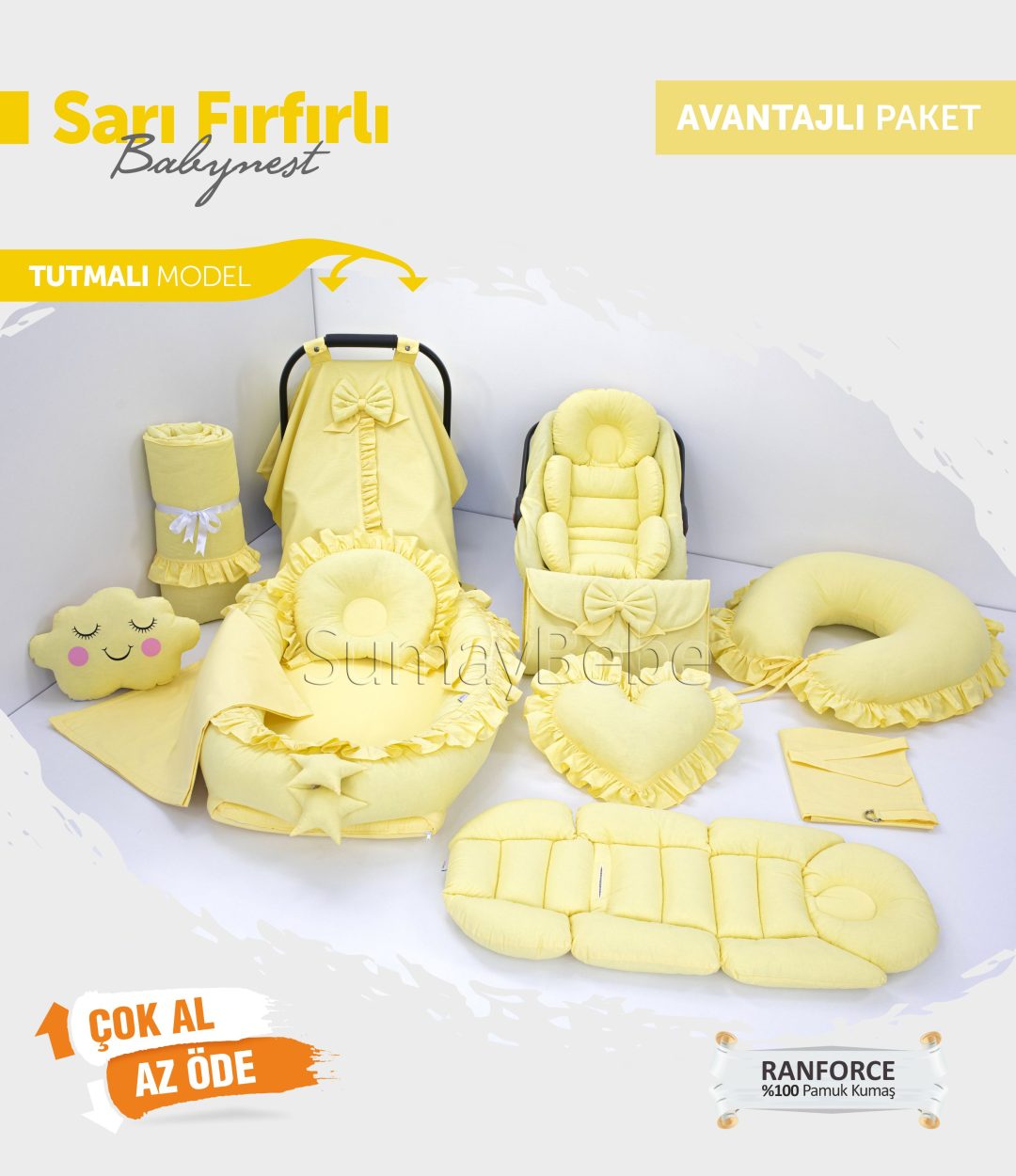 Babynest Komple Set Takım Sarı Renk Fırfırlı (Tutmalı)