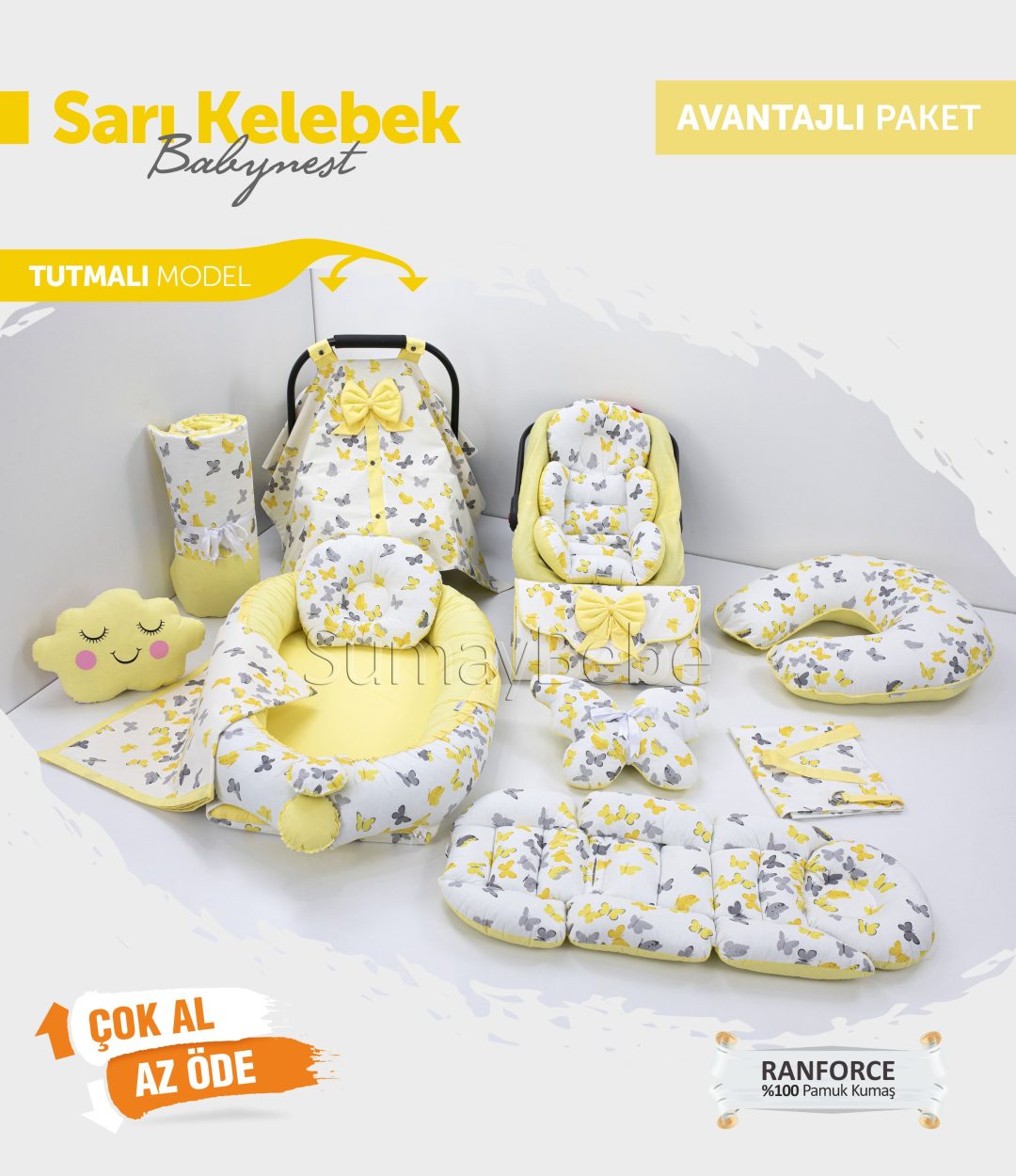 Babynest Komple Set Takım Sarı Renk Kelebek Desenli (Tutmalı)