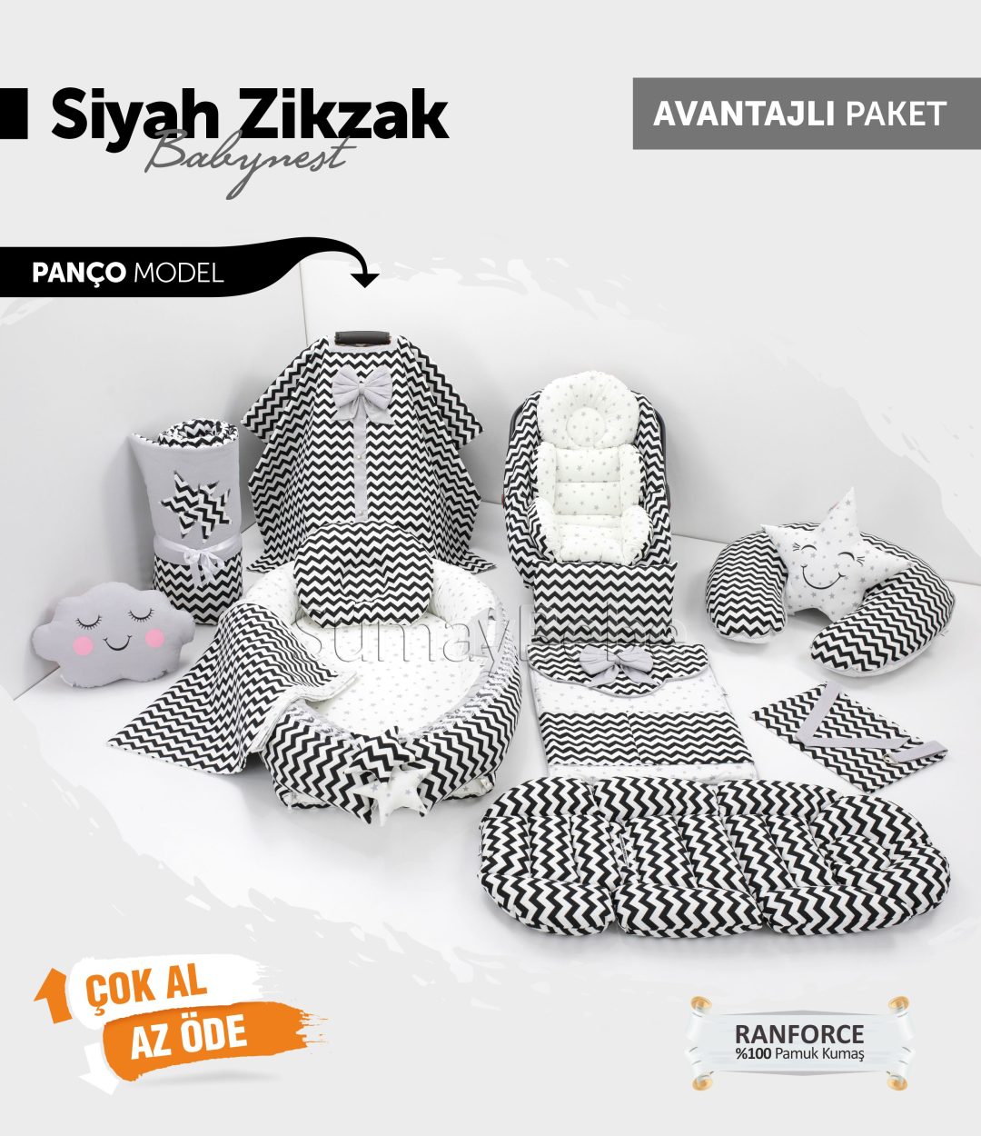 Babynest Komple Set Takım Siyah Beyaz Renk Zikzak Desenli (Panço)