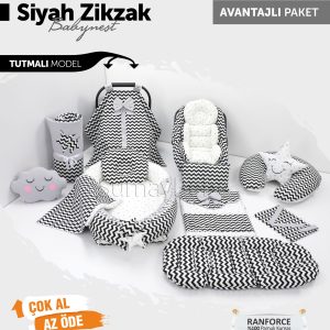 Babynest Komple Set Takım Siyah Beyaz Renk Zikzak Desenli (Tutmalı)