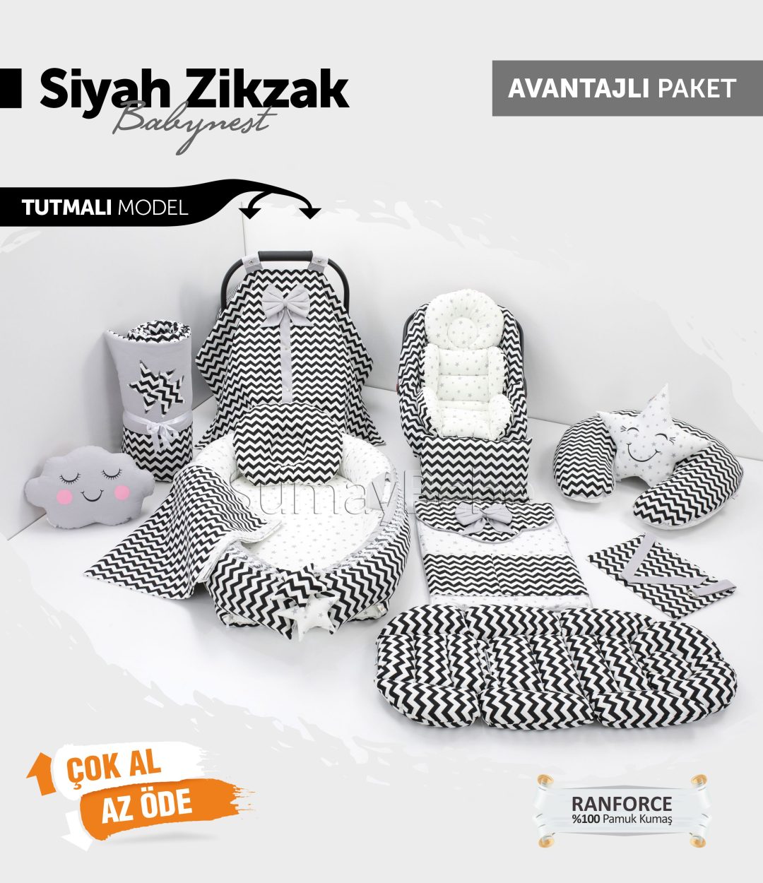 Babynest Komple Set Takım Siyah Beyaz Renk Zikzak Desenli (Tutmalı)