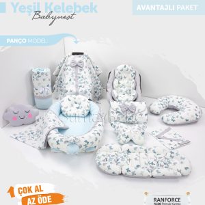 Babynest Komple Set Takım Yeşil Renk Kelebek Desenli (Panço)
