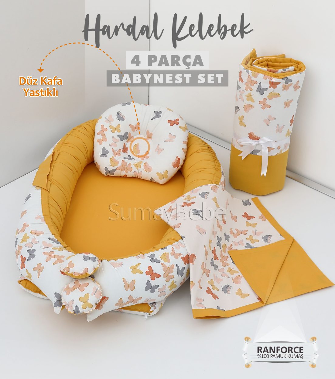 4 Parça Babynest, Bebek Pikesi, Yorganı - Hardal Kelebek