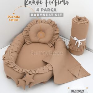 4 Parça Babynest, Bebek Pikesi, Yorganı - Kahve Fırfırlı