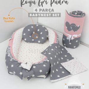 4 Parça Babynest, Bebek Pikesi, Yorganı - Koyu Gri Pudra