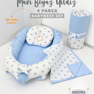 4 Parça Babynest, Bebek Pikesi, Yorganı - Mavi Beyaz Yıldız