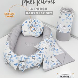 4 Parça Babynest, Bebek Pikesi, Yorganı - Mavi Kelebek