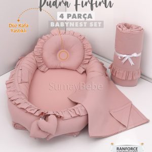 4 Parça Babynest, Bebek Pikesi, Yorganı - Pudra Fırfırlı