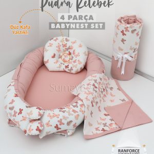 4 Parça Babynest, Bebek Pikesi, Yorganı - Pudra Kelebek