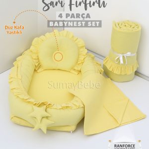 4 Parça Babynest, Bebek Pikesi, Yorganı - Sarı Fırfırlı