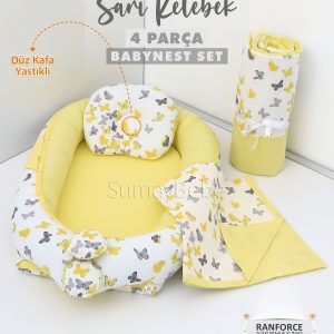 4 Parça Babynest, Bebek Pikesi, Yorganı - Sarı Kelebek
