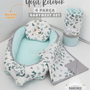 4 Parça Babynest, Bebek Pikesi, Yorganı - Yeşil Kelebek