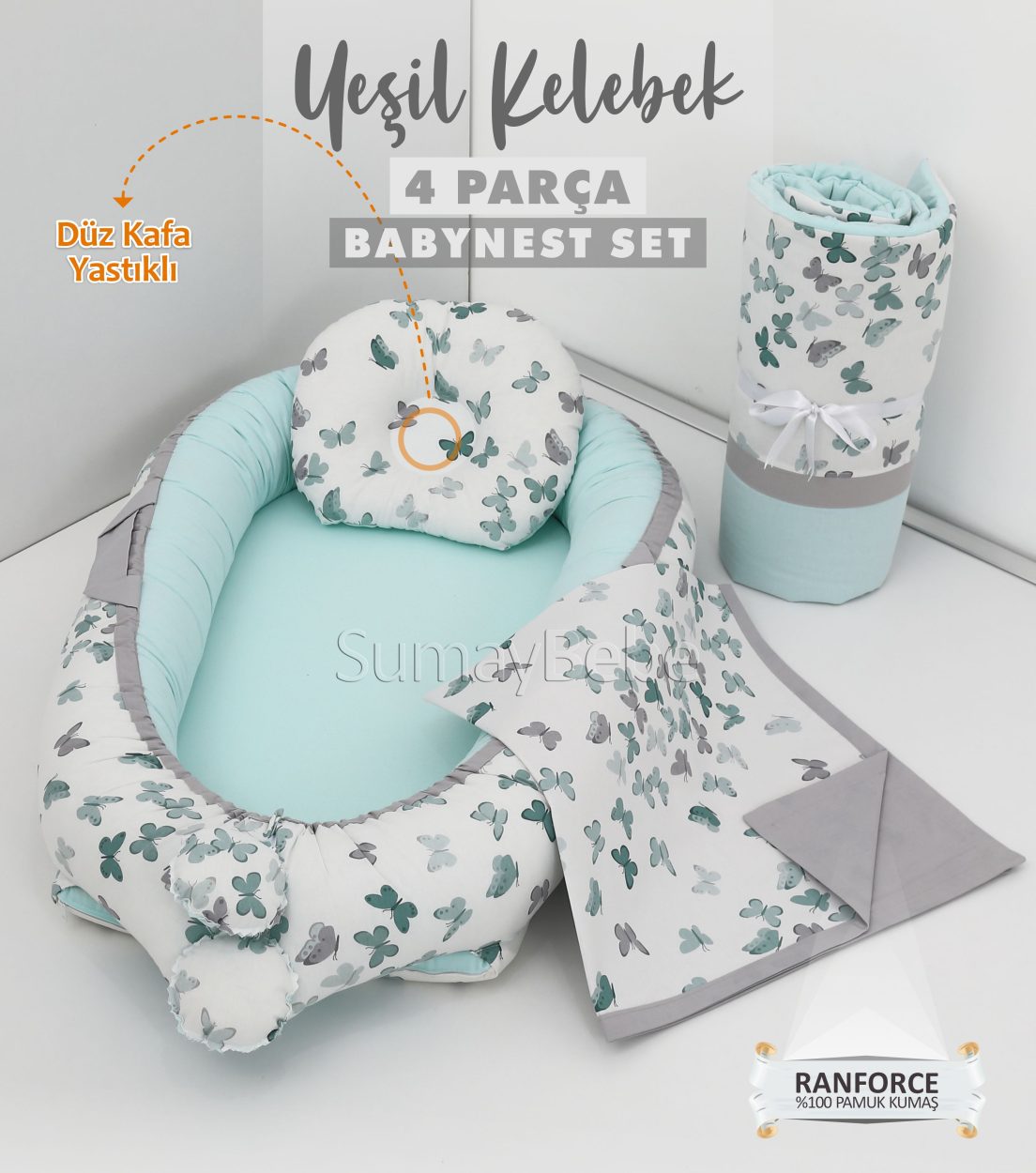 4 Parça Babynest, Bebek Pikesi, Yorganı - Yeşil Kelebek