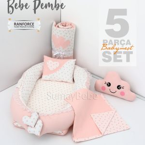 5 Parça Babynest, Bebek Pikesi, Yorganı, Dekoratif Gülen Yastık - Bebe Pembe