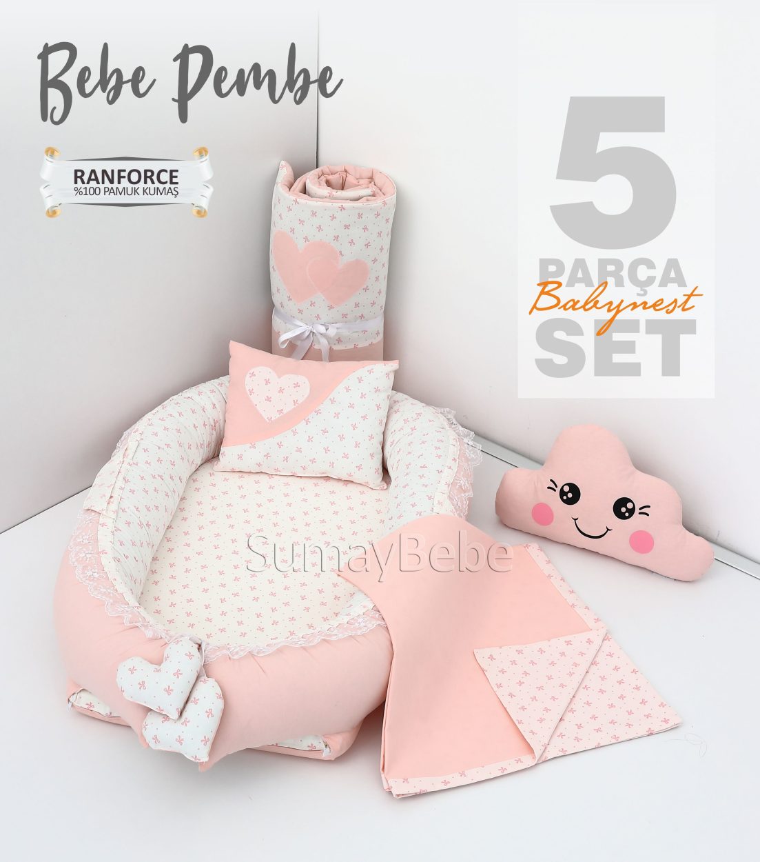 5 Parça Babynest, Bebek Pikesi, Yorganı, Dekoratif Gülen Yastık - Bebe Pembe
