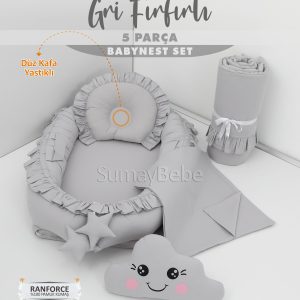 5 Parça Babynest, Bebek Pikesi, Yorganı, Dekoratif Gülen Yastık - Gri Fırfırlı
