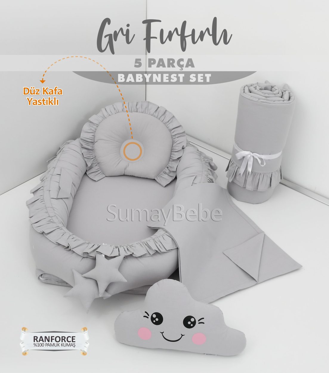 5 Parça Babynest, Bebek Pikesi, Yorganı, Dekoratif Gülen Yastık - Gri Fırfırlı