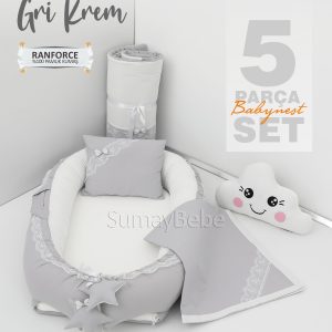 5 Parça Babynest, Bebek Pikesi, Yorganı, Dekoratif Gülen Yastık - Gri Krem