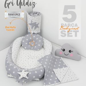 5 Parça Babynest, Bebek Pikesi, Yorganı, Dekoratif Gülen Yastık - Gri Yıldız