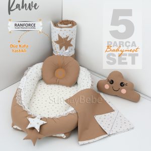 5 Parça Babynest, Bebek Pikesi, Yorganı, Dekoratif Gülen Yastık - Kahve
