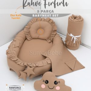 5 Parça Babynest, Bebek Pikesi, Yorganı, Dekoratif Gülen Yastık - Kahve Fırfırlı