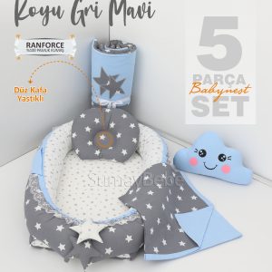 5 Parça Babynest, Bebek Pikesi, Yorganı, Dekoratif Gülen Yastık - Koyu Gri Mavi