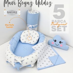 5 Parça Babynest, Bebek Pikesi, Yorganı, Dekoratif Gülen Yastık - Mavi Beyaz Yıldız