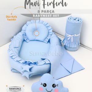 5 Parça Babynest, Bebek Pikesi, Yorganı, Dekoratif Gülen Yastık - Mavi Fırfırlı
