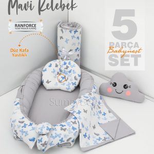 5 Parça Babynest, Bebek Pikesi, Yorganı, Dekoratif Gülen Yastık - Mavi Kelebek