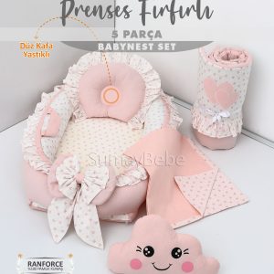 5 Parça Babynest, Bebek Pikesi, Yorganı, Dekoratif Gülen Yastık - Prenses Fırfırlı