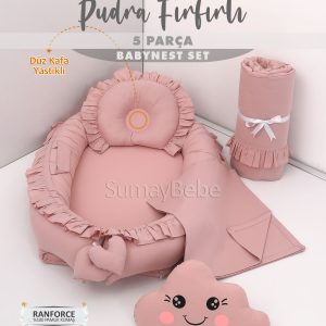 5 Parça Babynest, Bebek Pikesi, Yorganı, Dekoratif Gülen Yastık - Pudra Fırfırlı
