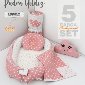 5 Parça Babynest, Bebek Pikesi, Yorganı, Dekoratif Gülen Yastık - Pudra Yıldız