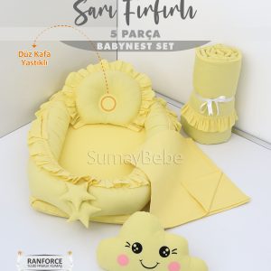 5 Parça Babynest, Bebek Pikesi, Yorganı, Dekoratif Gülen Yastık - Sarı Fırfırlı