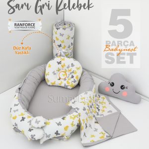 5 Parça Babynest, Bebek Pikesi, Yorganı, Dekoratif Gülen Yastık - Sarı Gri Kelebek