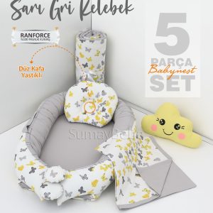 5 Parça Babynest, Bebek Pikesi, Yorganı, Dekoratif Gülen Sarı Yastık - Gri Kelebek