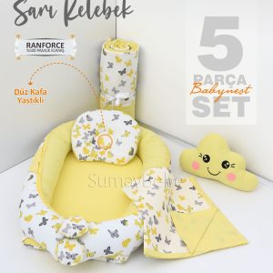5 Parça Babynest, Bebek Pikesi, Yorganı, Dekoratif Gülen Yastık - Sarı Kelebekı