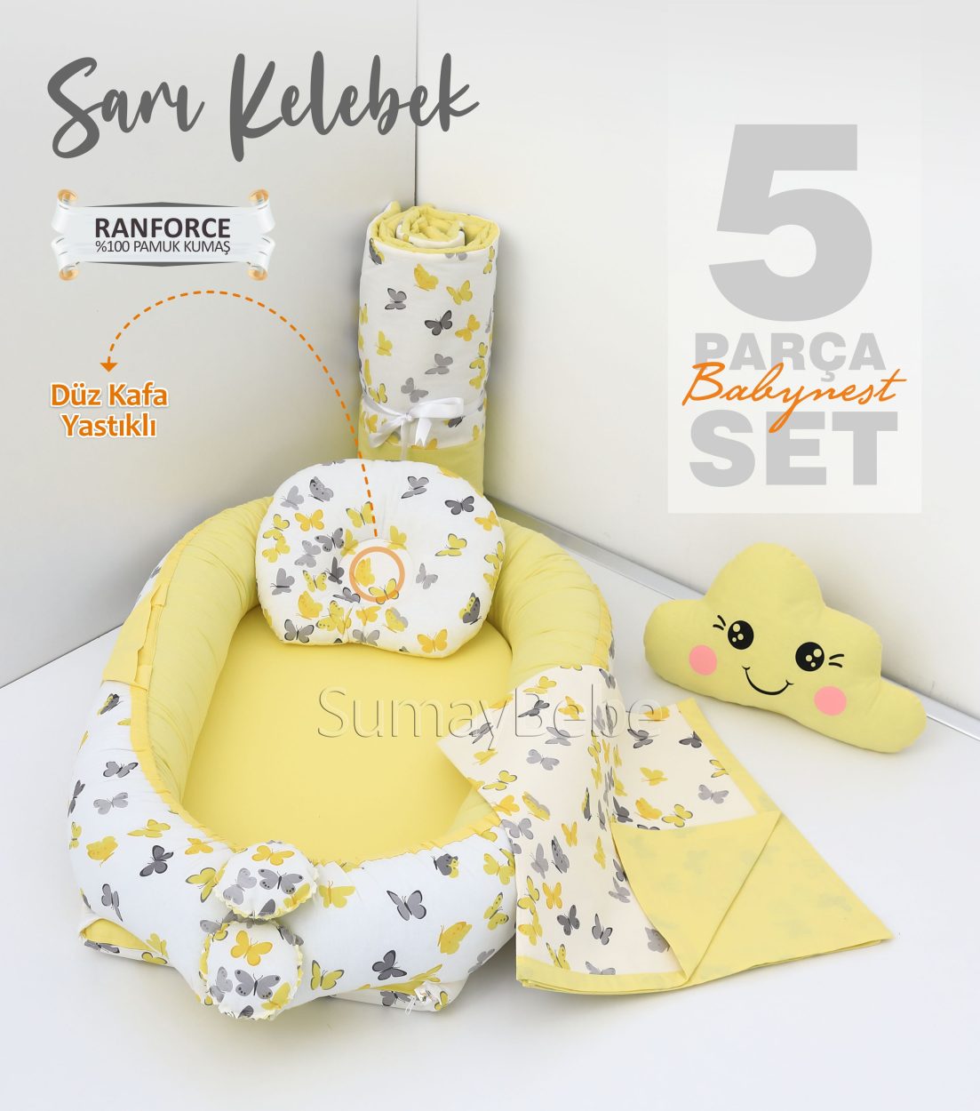5 Parça Babynest, Bebek Pikesi, Yorganı, Dekoratif Gülen Yastık - Sarı Kelebekı
