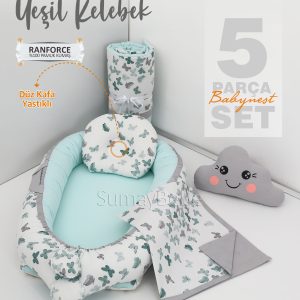 5 Parça Babynest, Bebek Pikesi, Yorganı, Dekoratif Gülen Yastık - Yeşil Kelebek