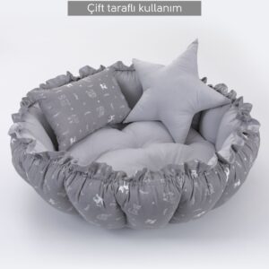 Gri kedili 2 yastıklı yuvarlak babynest oyun minderi