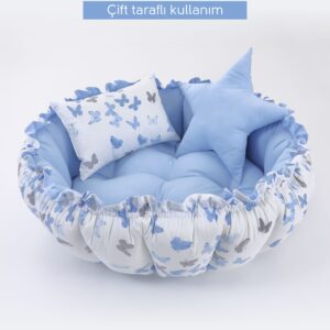 Mavi kelebekli 2 yastıklı yuvarlak babynest oyun minderi